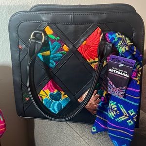Artesanal  (Mexico) black real leather with fabric  ,12x11 1/2